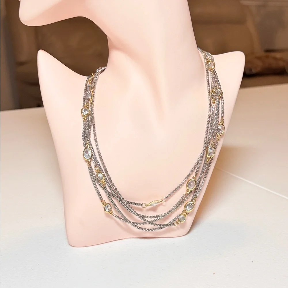 Multi-Strand Silver and Gold Crystal Necklace